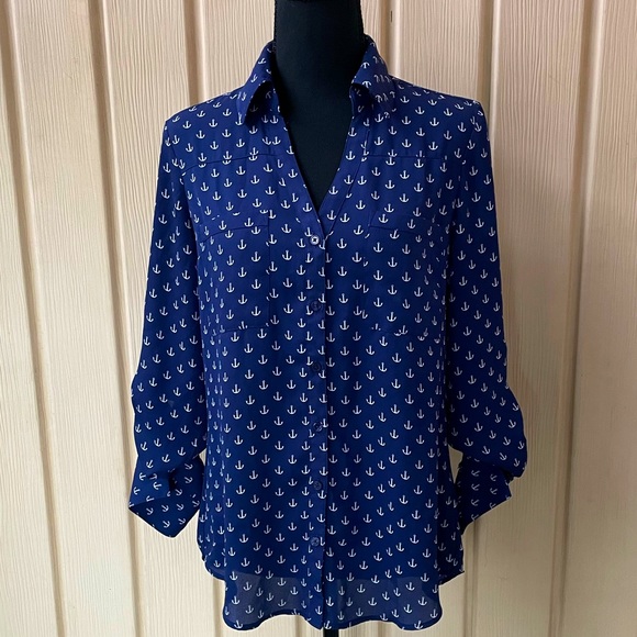 Express Tops - Express Portofino • Blue and White Anchor Button Down Blouse V Neck